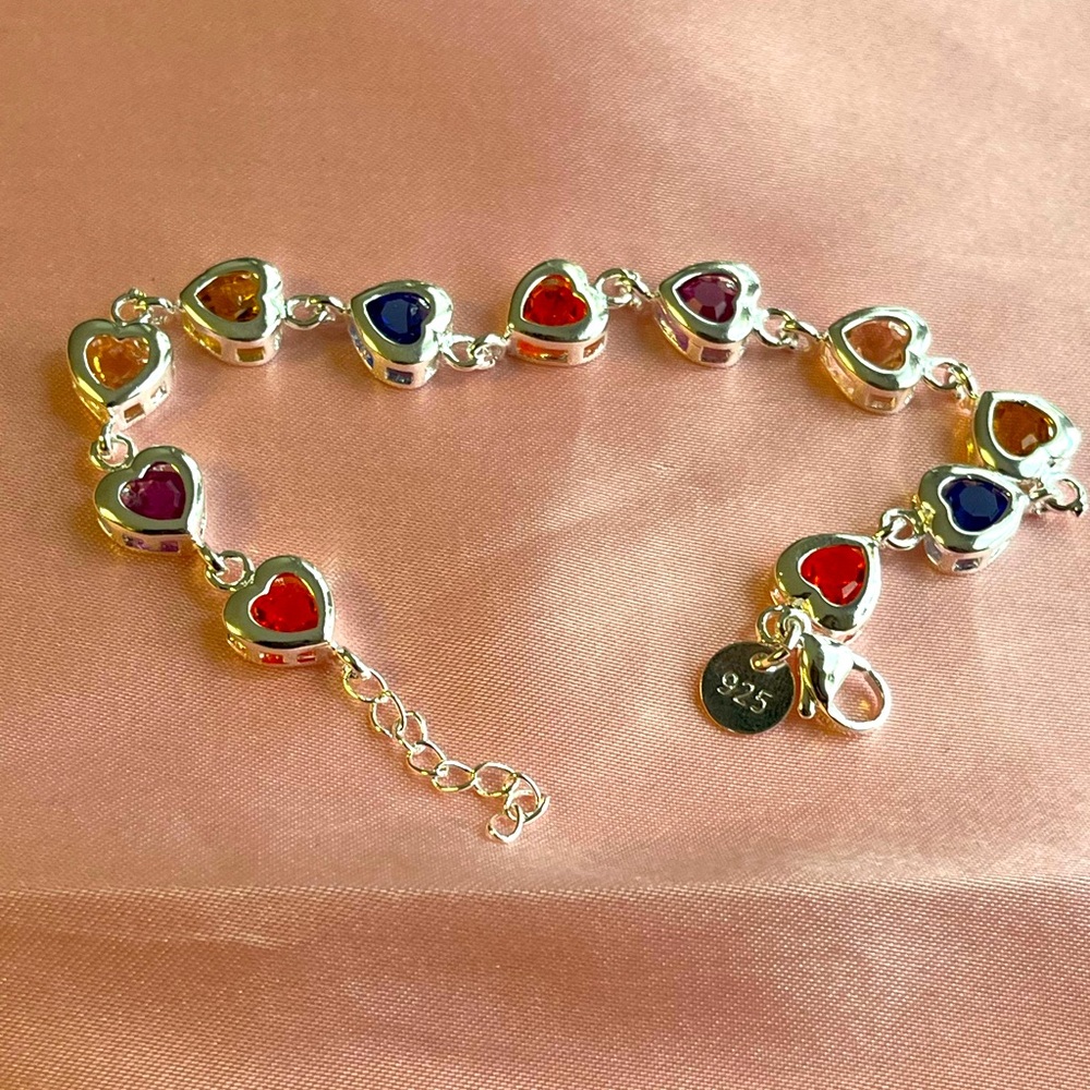 Silver Heart Charm Bracelet with Multicolor CZ Stones